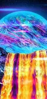 Vibrant cosmic waterfall with colorful planet background in surreal art style.