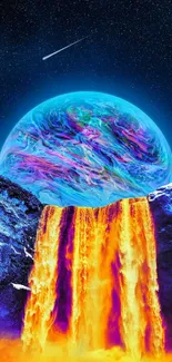 Vibrant cosmic waterfall with orange cascades and a colorful planet in the night sky.