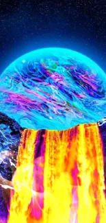 Vibrant wallpaper with cosmic waterfall and colorful planet.