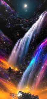 Cosmic waterfall under a starry night sky with vibrant colors flowing magnificently.