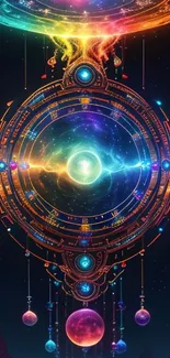 Colorful cosmic wheel wallpaper with planets and galaxies in vibrant hues.