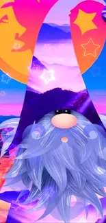 Whimsical wizard under a colorful, cosmic sky wallpaper.