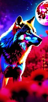 Colorful wolf with cosmic background and moon in vibrant art style.