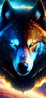 Vibrant cosmic wolf artwork with blue and orange hues.