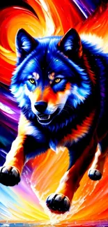 Vibrant and dynamic cosmic wolf with colorful background.