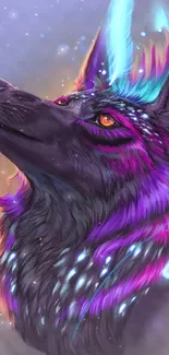 Vibrant cosmic wolf with purple and azure feathers on digital wallpaper.