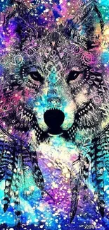 Vibrant cosmic wolf with galaxy background in colorful hues.