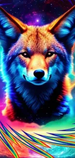 Colorful cosmic wolf with neon hues and galaxy background.