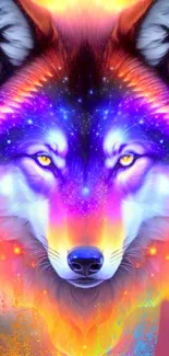 Vibrant cosmic wolf with colorful, mystical design for mobile wallpaper.