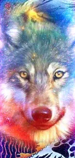 Vibrant cosmic wolf with colorful galaxy background.