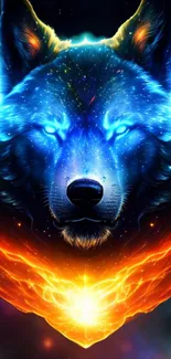 Vibrant cosmic wolf art with blue and orange hues.