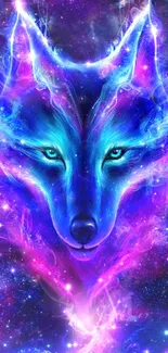 Vibrant cosmic wolf with neon colors in a galaxy background.