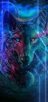 Colorful cosmic wolf with galaxy backdrop. Dark teal dominant hue.