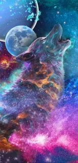 Howling cosmic wolf with galaxy background.