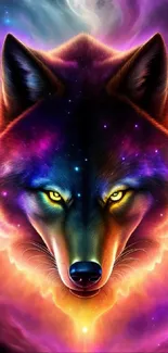 Vibrant cosmic wolf with celestial design in digital art wallpaper.