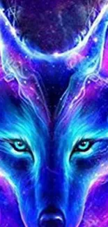 Vibrant cosmic wolf in blue and purple hues on mobile wallpaper.