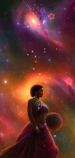 Vibrant cosmic wallpaper featuring a woman in a colorful nebula.