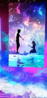 Silhouette figures in a vibrant galaxy scene wallpaper.