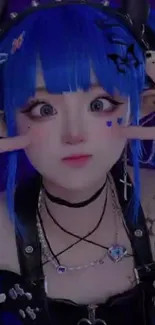 Vibrant cosplay character with electric blue hair and edgy accessories.