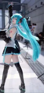 Anime cosplay character with turquoise hair and dynamic pose.