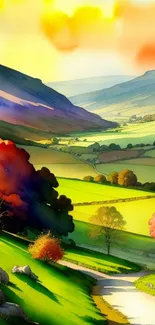 Vibrant watercolor countryside landscape wallpaper with green hills and colorful trees.