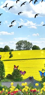 Colorful countryside with butterflies and birds under a blue sky.