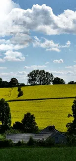 Vibrant countryside wallpaper with green fields and blue sky.