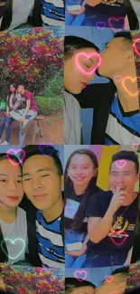 Colorful collage wallpaper with couple and heart overlays.