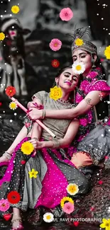 Romantic couple surrounded by colorful flowers.