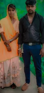 Couple in traditional clothing standing in lush greenery.