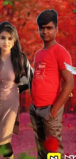 Couple in red forest with dove and petals.