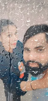 Vibrant couple selfie against a beige backdrop.