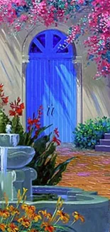 Colorful courtyard with flowers and blue door wallpaper.