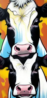 Colorful graffiti-style cow art wallpaper with vibrant hues.