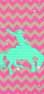 Turquoise cowboy silhouetted on pink zigzag pattern.