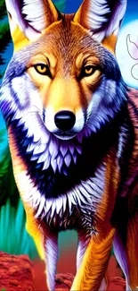 Vibrant artwork of a coyote with colorful background and nature elements.