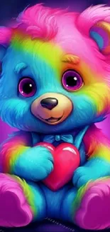 Vibrant rainbow bear holding a heart, colorful and whimsical.