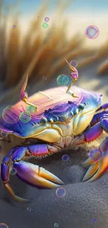 Colorful crab on beach sand with purple hues.