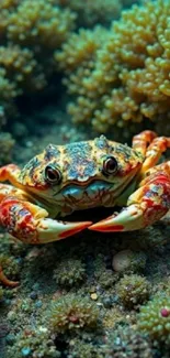 Colorful crab underwater with corals.