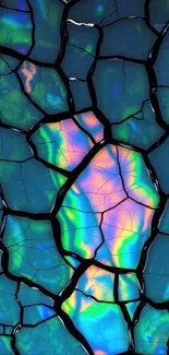 Cracked glass with vibrant iridescent colors shining through.