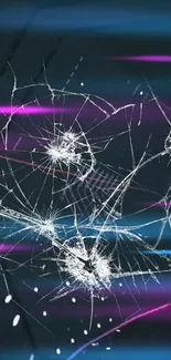 Cracked glass with neon pink and blue streaks on a dark background.