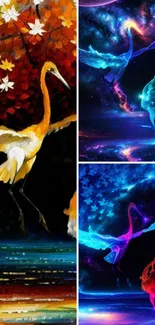 Vibrant artistic wallpaper with cranes in cosmic and fall themes.