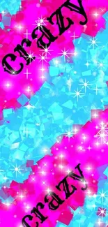 Vibrant blue and pink phone wallpaper with 'Crazy' text.