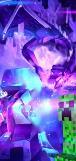 Vibrant creeper wallpaper with neon purple hues and pixelated art style.