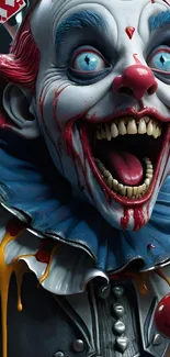 Close-up of a creepy clown with vivid colors and details in a bold wallpaper.