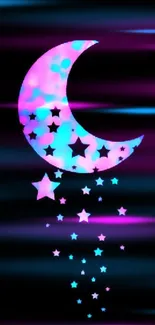 Colorful crescent moon and stars on black background.