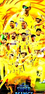 Dynamic cricket team celebrating in vibrant yellow.