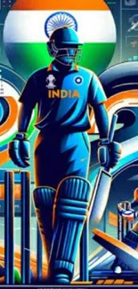 Vibrant Indian cricket themed wallpaper featuring a player and the tricolor.