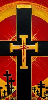 Black cross on red sunburst background, vibrant wallpaper art.