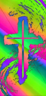 Vibrant neon cross with swirling colors.